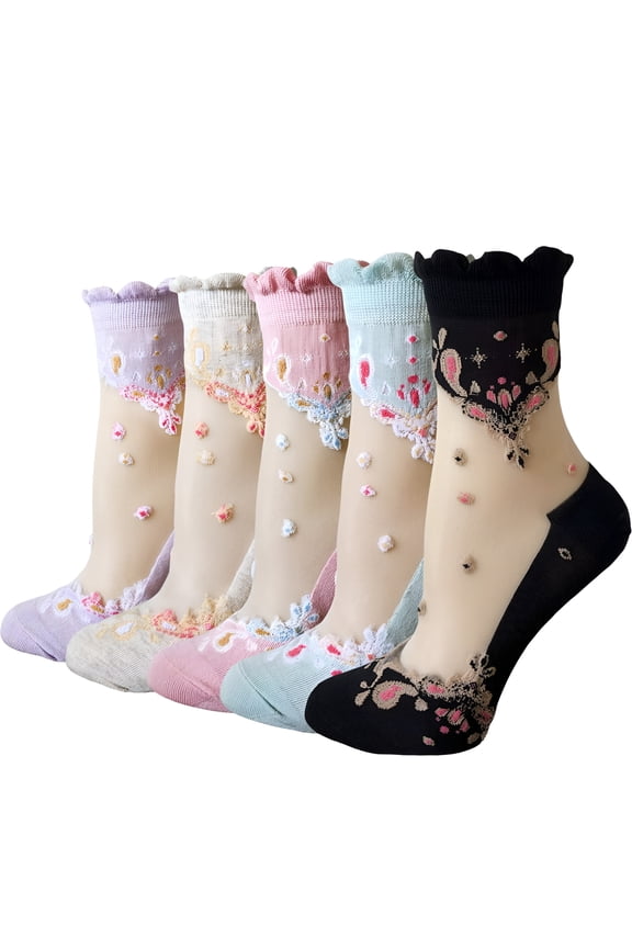 5 Pairs Women Sheer Mesh Socks Ultrathin Fishnet See Through Lace Ankle Socks Summer Transparent Floral Socks, Baroque Style Flower