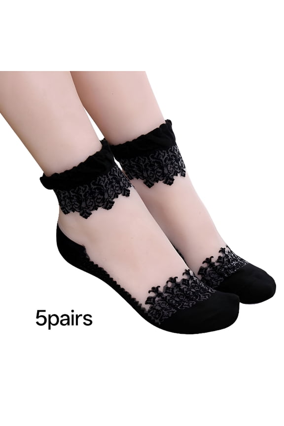 5 Pairs Womens Girls Sheer Lace Ankle Socks Ultra Thin Transparent Mesh Low Cut Socks Silk Nylon Fishnet Short Transparent Socks