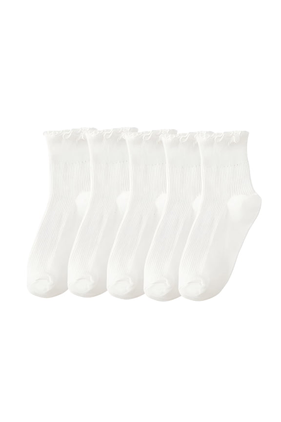 5 Pairs Womens Socks, Ruffle Casual Ankle Socks Breathable Cotton Crew Frilly Sock-White