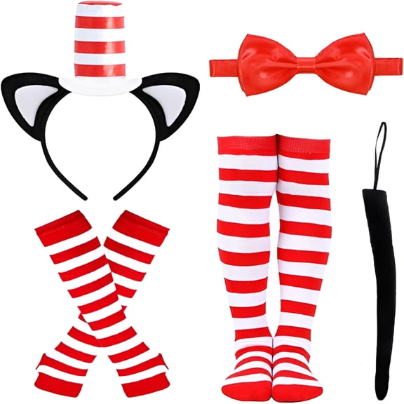 TELOLY 5 Pcs Cat Costume Accessories Set with Red And White Hat Headwear,Bowtie,Socks,Gloves And Tail for World Book Day