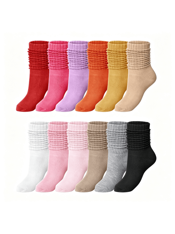 6-32 Pairs Women Slouch Scrunch Socks|Long Stacked Scrunch Socks Convertible Knee High to Ankle Breathable Casual Crew Sock Assorted Solid Colors,Ideal Daily Wear