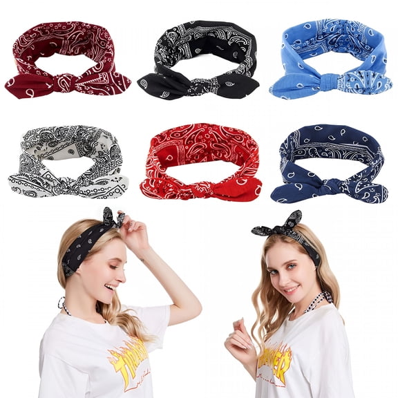 TELOLY 6 Pack Boho Bow Headbands for Women Vintage Paisley Bandana Flower Printed Hairband Elastic Rabbit ear Head Wrap Cute Hair Accessories Tie Headband for Women and Girls