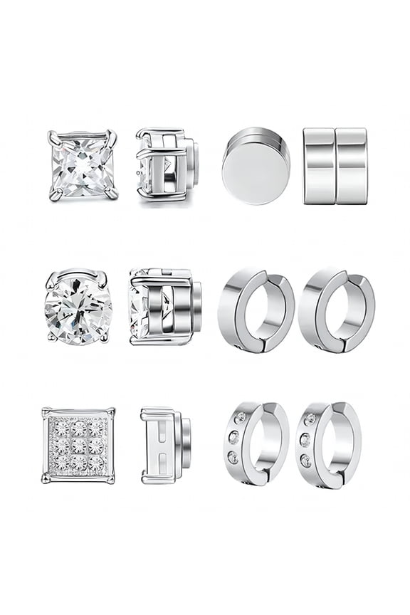 6 Pair Magnetic Stud Earrings for Men Women Stainless Steel Non Pierced Fake Set-Silver 8mm