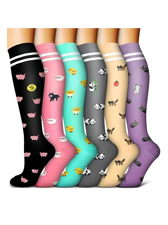 6 Pairs Compression Socks for Women Circulation 20-30Mmhg, Cute Compression Socks, Cute Socks Support for Nurse, Pregnant, Running, Cycling