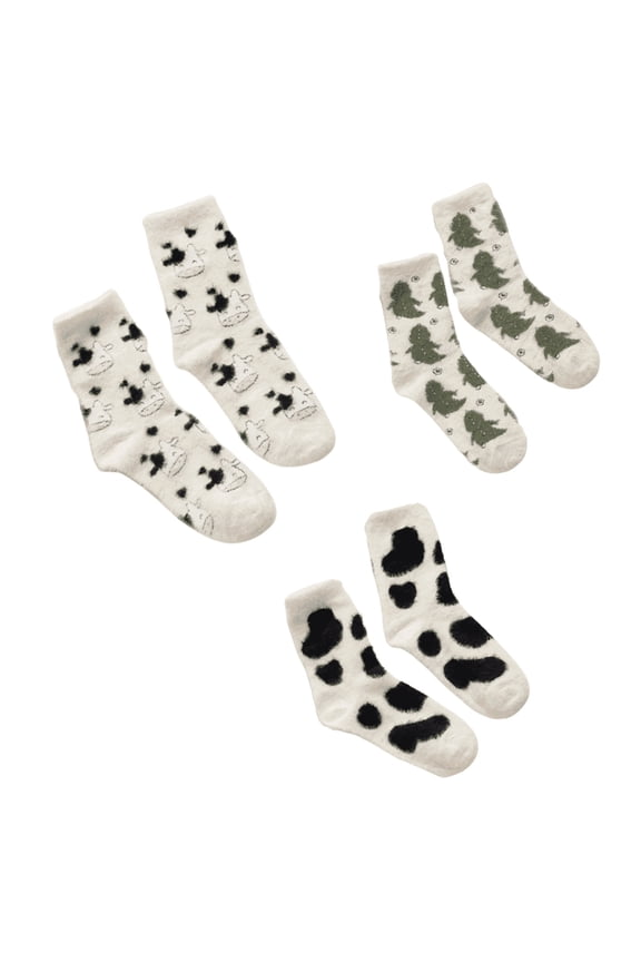 6 Pairs Fuzzy Socks for Women, Soft Cotton Cow Print Crew Socks with Anti-Slip Bottom, Warm Mink Velvet Winter Sleep Hosiery for Home and Travel