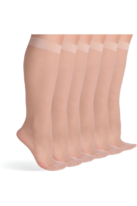 6 Pairs Knee High Stockings for Women,Elastic Fine Sheer Socks with Reinforced Toes 20 Denier Nylon One Size