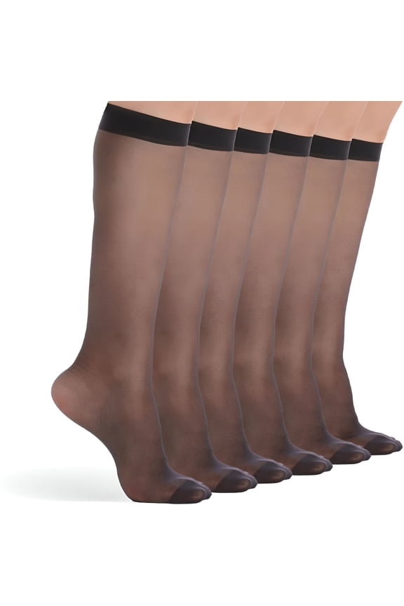6 Pairs Knee High Stockings for Women,Elastic Fine Sheer Socks with Reinforced Toes 20 Denier Nylon One Size