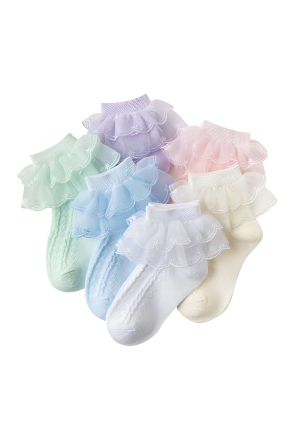 6 Pairs Little Girls Cotton Lace Socks Ruffle Eyelet Frilly Ankle Princess Casual Dress Socks for Infant Toddlers Kids Gift Set 1-12 Years