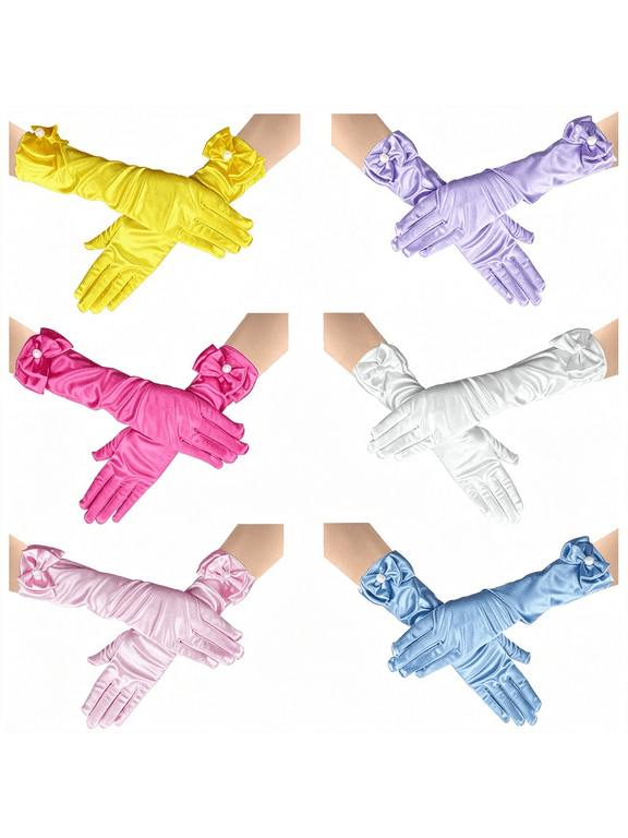6 Pairs Little Girls Gloves, Satin Gloves for Princess Costume Or Wedding, Formal Bows Glove for Age 3-8 Satin Bows Princess Gloves for Girls 4-6