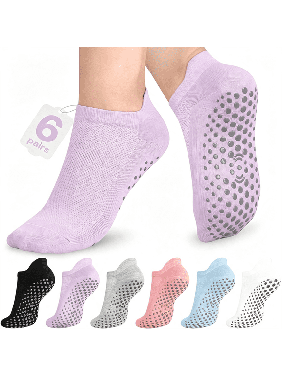 6 Pairs Pilates Grip Socks Women Non Slip Yoga Grippy Sock with Grip | Non Skid Gripper Slipper Sticky Socks with Gripper, for Pure Barre Hospital Trampoline Elderly Adult