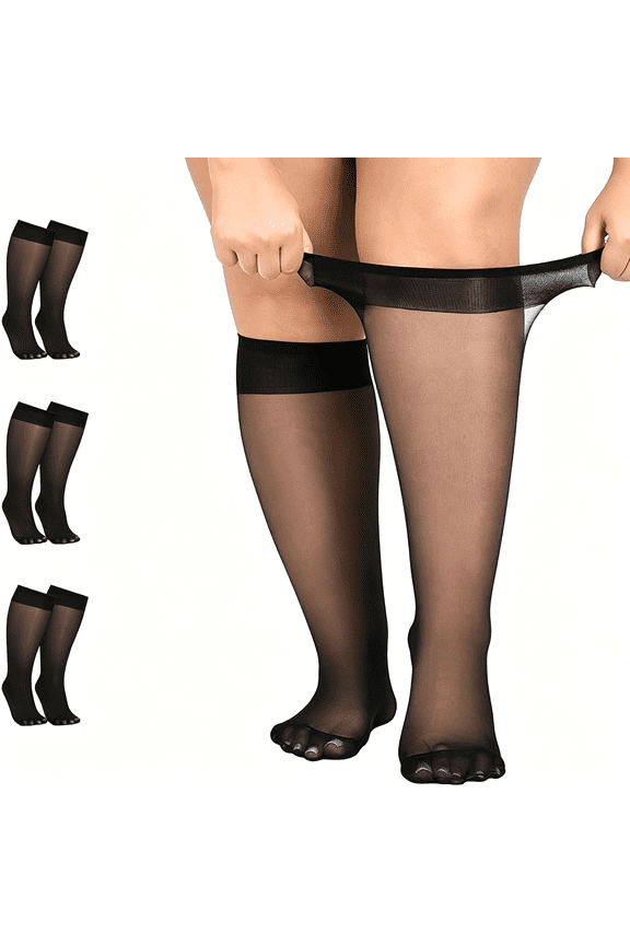 6 Pairs Plus Size Knee High Socks for Women 15 Denier Sheer Nylon Stockings Wide Calf One Size Black Nude