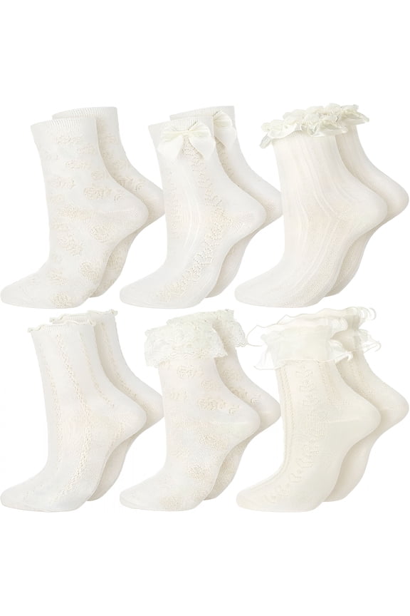 6 Pairs Ruffle Socks Women Frilly Lace Ankle Socks Cream Bow Breathable
