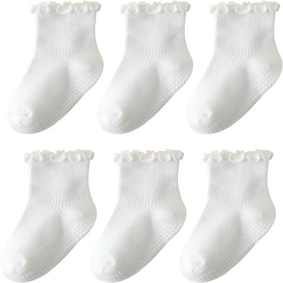 TELOLY 6 Pairs Toddler Ruffle Socks for Girls Baby Grip Socks Non Slip Socks Cute Grippy Frilly