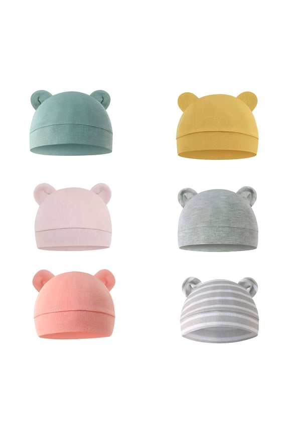 6 Pieces Baby Solid Cotton Hat Bear Ears Caps Toddler Boy Girl Hats Caps for 0 3 Months Baby Kids Super Adorable Head Wear Gifts