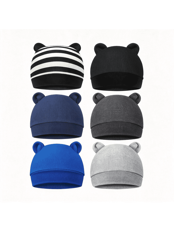 6 Pieces Newborn Baby Hat Bear Ears Infant Caps Baby Boy Girl Toddler Hats Infant Beanie Caps for 0-3 Months,Bear Ears Infant Caps Newborn Hats