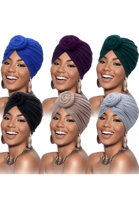 6 Pieces Women African Turban Flower Knot Pre-Tied Bonnet Beanie Cap Headwrap