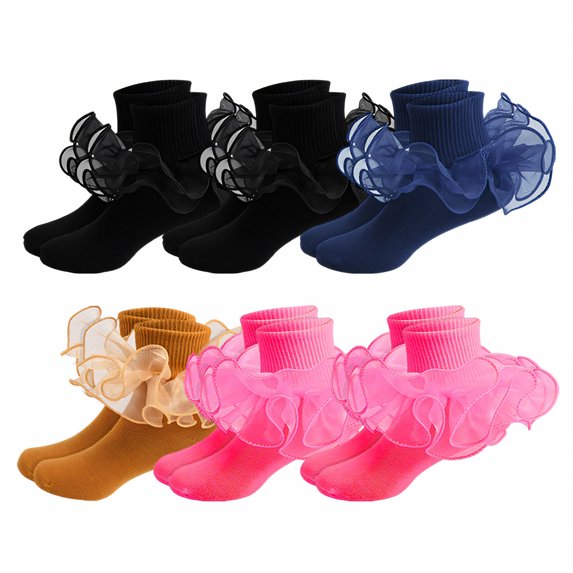 TELOLY 6Pairs Kids Socks,6-8 Years Old Ruffle Socks,3D Anti-Slip Heel Design Lace Socks,Style1,18-20Cm