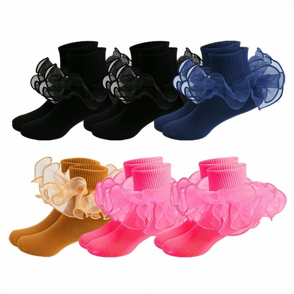 TELOLY 6Pairs Kids Socks,8-10 Years Old Ruffle Socks,Solid Color Lace Socks,Style1,20-22Cm