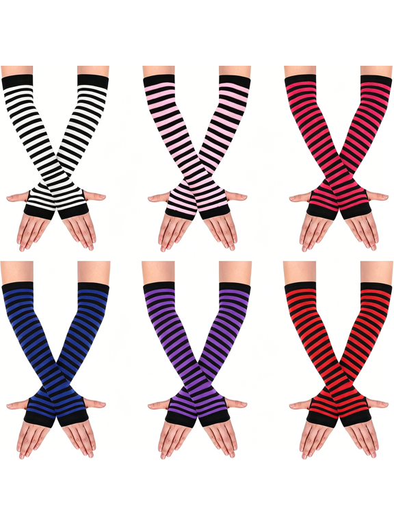 6Pairs Long Fingerless Gloves Women Striped Arm Warmer Punk Gothic Rock Y2K Emo Scene Striped