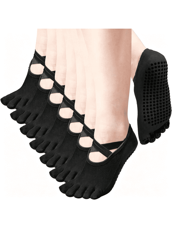 7 Pairs Yoga Toe Socks with Grip Women Non Slip Sticky Full Toe Socks for Pilates,Ballet,Dance,Barefoot (Black),Non Slip Sticky Full Toe Socks Toe Socks Pilates