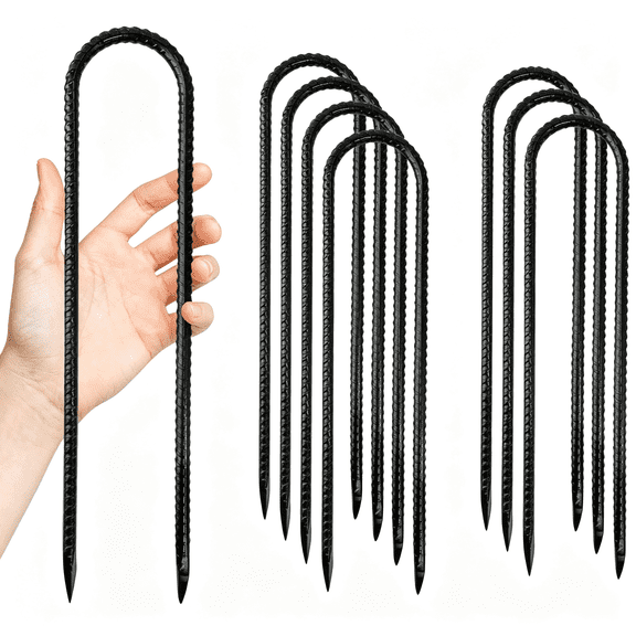 TELOLY 8 Pack Steel Rebar Stakes,12"Heavy Duty U Hook Metal Stake|Sturdy Rustproof Ground Hooks Anchors with Tip Protector for Camping Tents Fences Trampolines Outdoor Inflatables Decorations