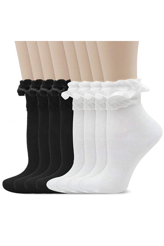 8 Pairs Lace Ruffle Frilly Ankle Socks for Women,Ruffle Frilly Lolita Sock with Laundry Bag (White,Black)