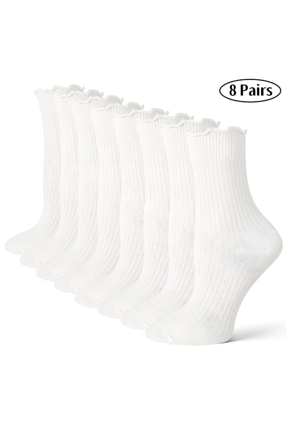 8 Pairs Womens Ruffle Socks, Cute Turn-Cuff Casual Ankle Dress Socks, White Crew Frilly Sock Size 5.5-8