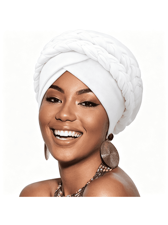 African Women Turban Caps Cotton Beanie Twist Headscarf Pre-Tied Double Twisted Braids Wrap Hat Chemo Cancer Cap White Turban
