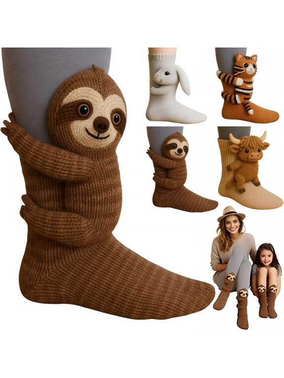 Animal Socks Sloth 3D Knit for Women Kids Hugging Animals,Funny Warm and Soft Long Stocking Socks(Sloth)