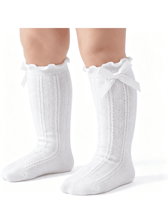 Baby Girl Cotton Knee High White Infant Ruffle Socks Cute Bow Ruffle Dress Stocking Tube Knit Long Socks for Newborn Infant Toddler