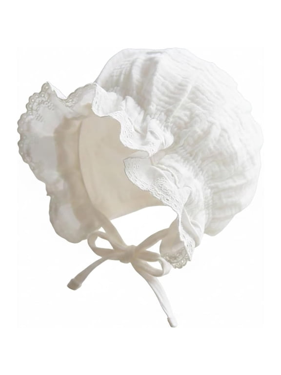 Baby Girl Cotton Muslin Bonnet-Vintage Ruffle Lace Newborn Sun Hat Adjustable Chin Vintage Ruffle Lace Baby Bonnet