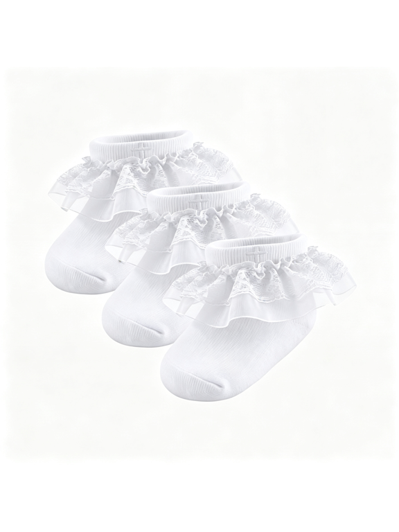 Baptism Socks for Baby Girls: White Ruffle Christening Frilly with Silver Gold Cross for Newborn Infants 0-12 Months Frilly Baptism Socks for Baby Girls