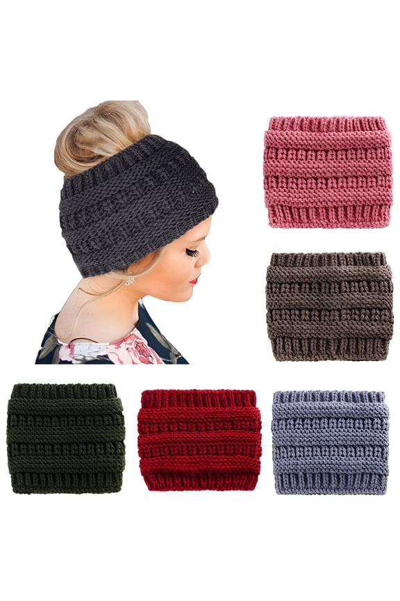 Beanie Hats for Women Winter Warm Ponytail Hole Hair Cap Elastic Woolen Knitted Stretch Beanie Hat