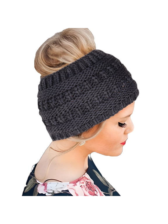 Beanie Hats for Women Winter Warm Ponytail Hole Hair Cap Elastic Woolen Knitted Stretch Beanie Hat