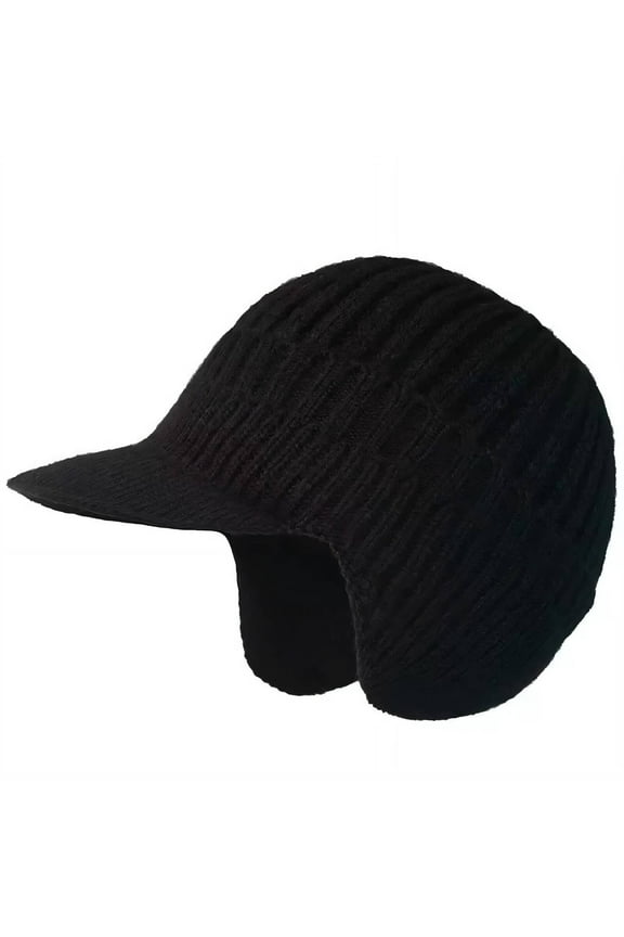 Beanies Hats Men,Ear Protection Design Earflap Beanie Hat,Stretchy Fit Knit Visor Hat,Black