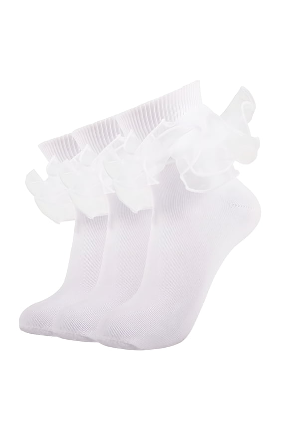 Big Ruffle Ankle Socks for Women, White Socks Women Ankle, Double Lace Frilly Fold Cuff Socks, 3 Pairs, White