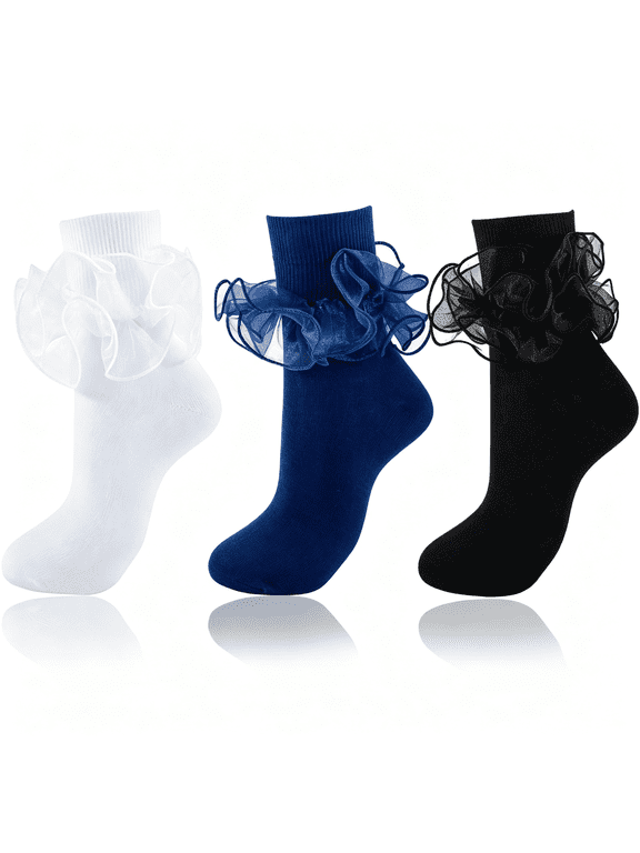 Big Ruffle Socks Women(Size 5-11) Turn Cuff Cotton Lace Frilly Socks | Soft Breathable Cotton Crew Socks for Mary Janes & Loafers, Perfect for Coquette Aesthetic and 80S Vintage Dress