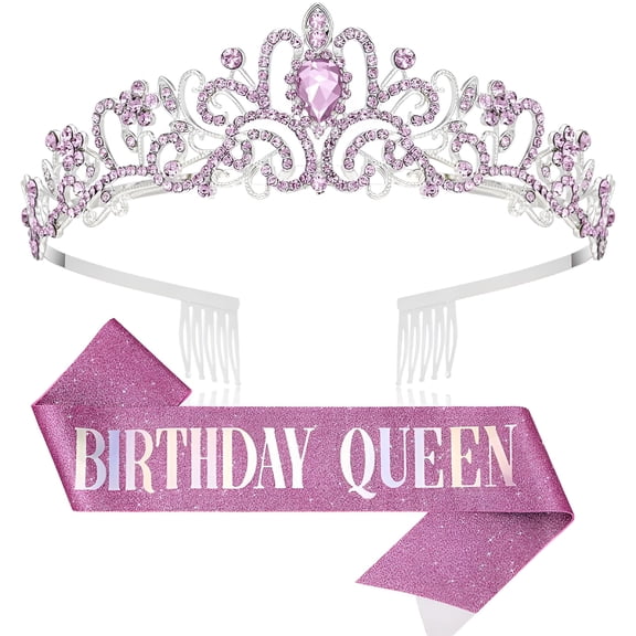 TELOLY Birthday Tiara for Women,Birthday Queen Crowns with Birthday Girl Sash,Crown for Girls Purple,Rhinestone Tiaras with Combs,Crystal Headband Hair Accessories Glitter Sash for Party