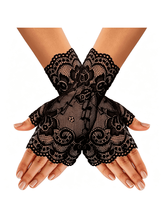 Black Lace Fingerless Gloves for Women,Short Gothic Prom Tea Party Gloves | Elegant Floral Mesh with Scalloped Edges Adds Vintage Charm,While Soft Stretch Fabric Offers an Easy