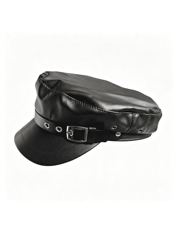 Black Pu Leather Chauffeur Hat with Belt for Women Men Classic Captain Sailor Hat Newsboy Cap Costumes Beret Cap Leather Hat