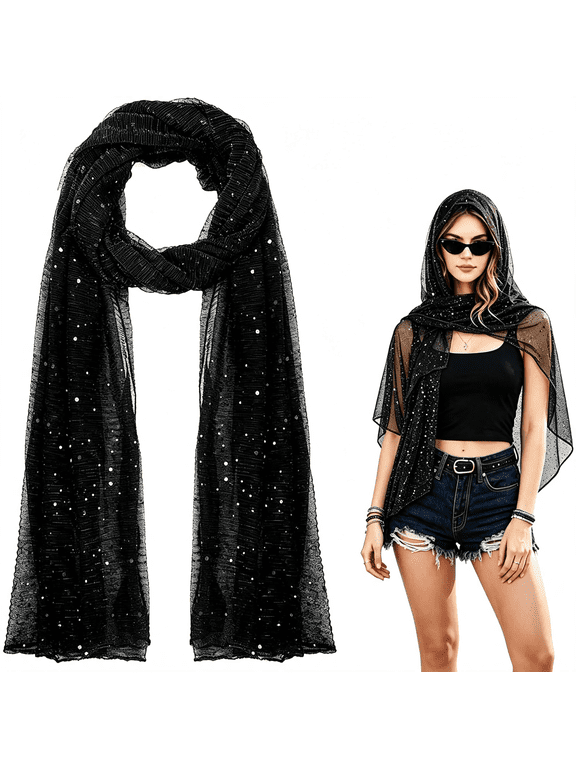 Black Rave Scarf, Silk Mesh Sequin Head Scarfs, Glitter Shawl Wrap Headscarf for Evening Dresses Festival, Rave Scarf