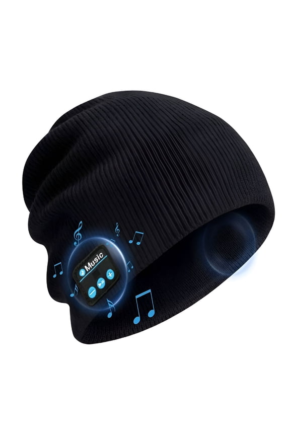 Bluetooth Black Beanie Hat Wireless Headphone Cap Music Soft Hat with Stereo Speakers,Winter Knit Hat Mic Hands-Free for Men Women