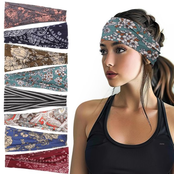 TELOLY Boho Style Headbands for Women, 8 Pack Non Slip Headbands Fashion Hippie Clothes Outfit Gift Wide Hairband Hair Wrap