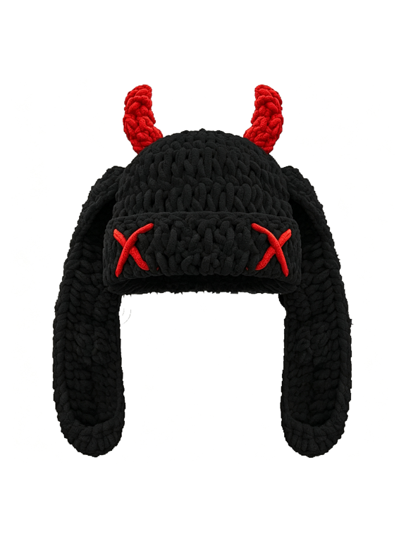 Bunny Chunky Beanie with Devil Horns Cute Chenille Crochet Hat with Long Floppy Ears Pastel Goth Rabbit Winter Skull Cap Bunny Ear Beanie