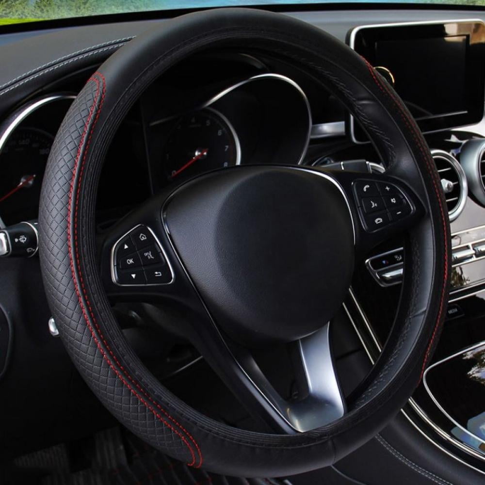 TELOLY Car Steering Wheel Cover with Durable PU Leather, Universal 15 inch Fit for Car Truck SUV, Breathable Anti Slip Auto Steering Wheel Covers for Men and Women, Black Red