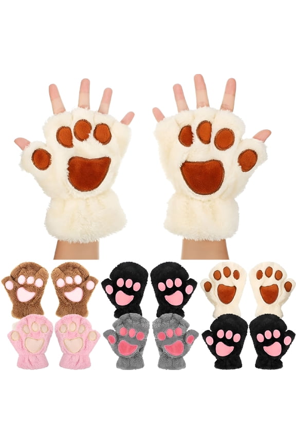 Cat Paw Gloves Cute Kitten Furry Paws Costume Winter Fingerless Mitten Glove for Kids Women