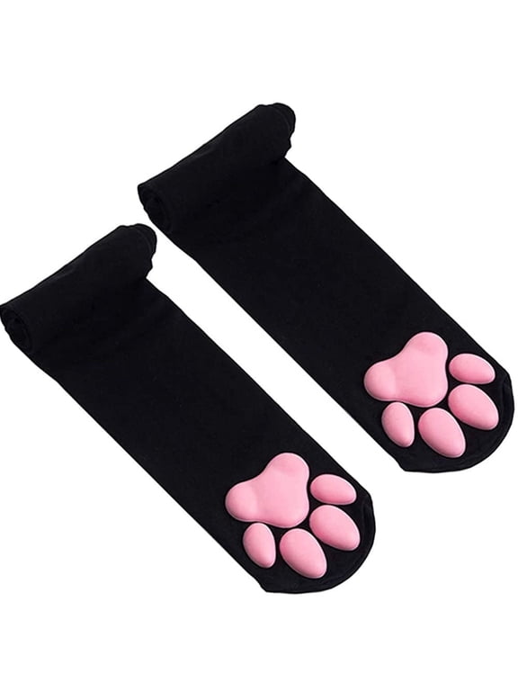 Cat Paw Socks, Thigh High Soft 3D Paw Pad Toe Beans Stockings for Women Cat Cosplay(Black)