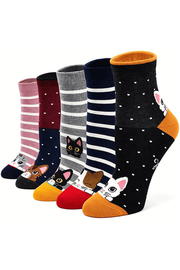 Cat Socks Womens Cute Animal Ankle Socks Novelty Funny Crew Sock Ladies Soft Cotton Cute Ankle Socks for Women,5 Pairs
