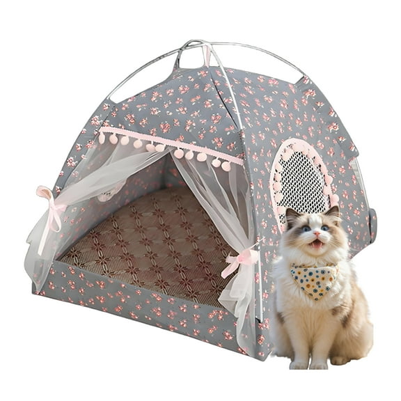 TELOLY Cat Tents for Indoor Cats,Arched with Tulle Curtain Dog Tent,14.17"*14.17"*14.57" Stable Placement Cat Houses for Outdoor Cats,Dark Gray,S
