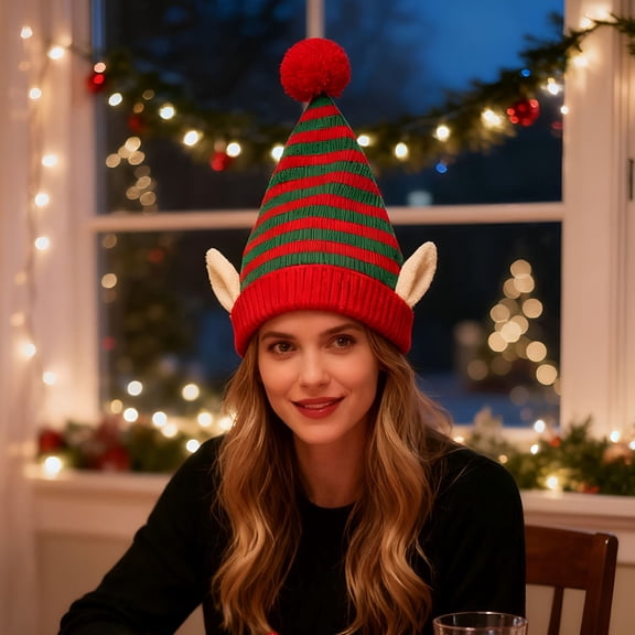 TELOLY Christmas Knitted Elf Hat with Puff Ball,Striped Winter Beanie for Men,Women,And Kids-Red,White,Green Festive Design Party Hats for Kids
